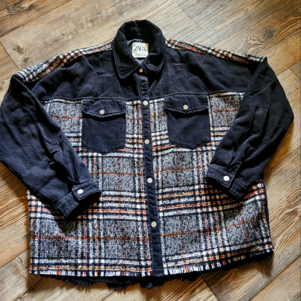 Zara black denim and plaid shirt jacket Medium